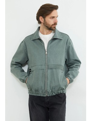 FullaModa Fermuarlı Polo Yaka Oversize Kot Ceket