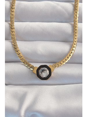 İlkyaz Fashion 316L Çelik Gold Renk Ezme Zincir Zirkon Taşlı Mineli Serenay Kolyesi - TJ-BKO8958