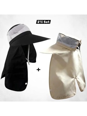 Mustran 2'li Set Geniş Siperli Enseli Güneş Şapkası Fileli Yazlık Kadın Erkek Outdoor Şapka
