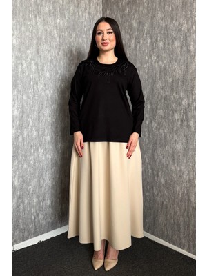 Modaplaza Kadın Büyük Beden Bisiklet Yaka Taşlı Nakışlı Uzun Kol Anne Bluzu 006