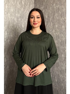 Modaplaza Kadın Büyük Beden Bisiklet Yaka Taşlı Nakışlı Uzun Kol Anne Bluzu 006