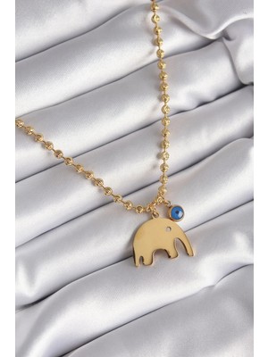 İlk El Grup Ietaks™ 316L Çelik Gold Renk Top Zincir Model Fil Figür Nazar Boncuk Detay Kadın Kolye