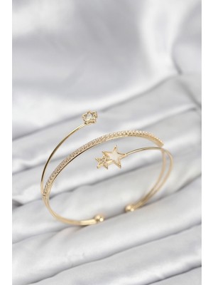 Senka Mey Ithalat® Yıldızlı Model Pirinç Gold Renk Kadın Bileklik