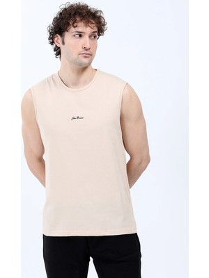 Erkek Bisiklet Yaka Baskılı %100 Pamuklu Kolsuz T-Shirt Bej - 26Y 2752