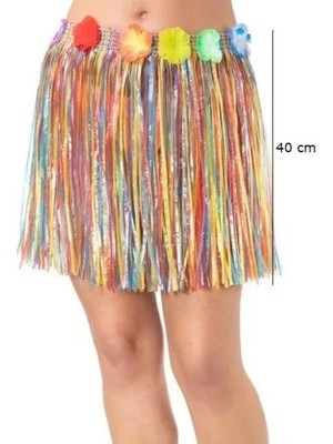 İlk El Grup Ieg™ Yetişkin ve Çocuk Uyumlu Rengarenk Püsküllü Hawaii Luau Hula Etek 40 cm