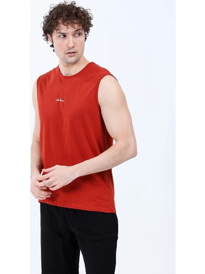 Erkek Bisiklet Yaka Baskılı %100 Pamuklu Kolsuz T-Shirt Turuncu - 26Y 2752