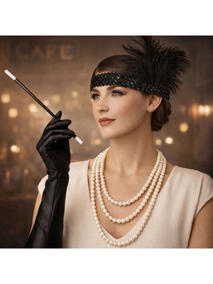 Senka Mey Ithalat® 1920’LER Çarliston Aksesuar Seti – Inci Kolye, Eldiven, Sigara Tutucu, Siyah Saç Bandı
