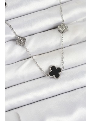 İlk El Grup Ietaks™ 316L Çelik Zincir Gümüş Renk Siyah ve Zirkon Taşlı Yonca Kadın Kolye