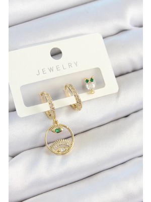 İlk El Grup Ietaks™ Pirinç Zirkon Taşlı Göz ve Baykuş Model Gold Renk 3'lü Çift Kadın Küpe Set