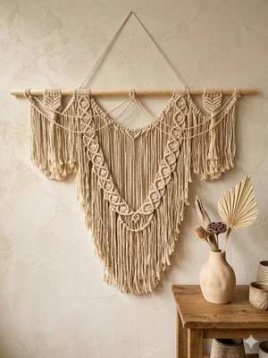 Floral Macrame Design  Püsküllü Baklava Dilimli Makrome Duvar Süsü