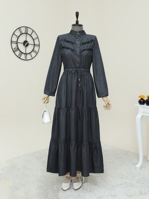 Modamorfo Yarım Düğmeli Önü Fırfırlı Parçalı Kot Elbise   -Antrasit