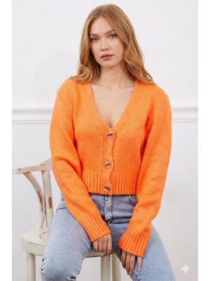 FullaModa Düğmeli V Yaka Triko Hırka