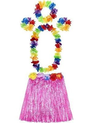 Senka Mey Ithalat® Yetişkin ve Çocuk Uyumlu Luau Aloha Hawaii Pembe Etek ve Renkli Kolye Taç 2 Adet Bilek