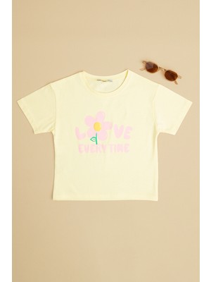 FullaModa Love Every Tıme Baskılı Kız Çocuk Crop Tişört