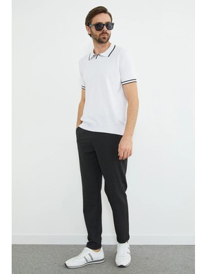 FullaModa Çizgili Duble Paça Beli Bağlamalı Pantolon