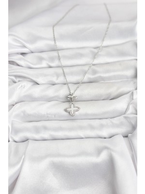 Senka Mey Ithalat® 316L Çelik Zincir Gümüş Renk 4 Yapraklı Yonca Model Zirkon Taşlı Kadın Kolye