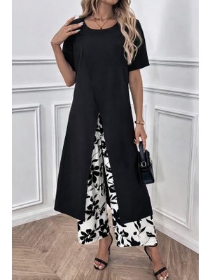 Gökyüzü Moda Kadın Kısa Kollu Önden Çapraz Detaylı Viskon Uzun Bluz ve Desenli Iki Iplik Pantolon Ikili Takım