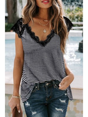 Runique Home Runiquehome Kadın Kısa Kollu V Yakalı Dantelli Süprem Bluz