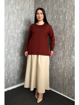 Modaplaza Kadın Büyük Beden Bisiklet Yaka Taşlı Nakışlı Uzun Kol Anne Bluzu 006