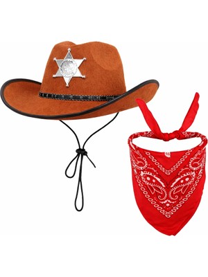 Senka Mey Ithalat® Çocuk Kovboy Şapka Rozetli Kahverengi &amp; Kırmızı Bandana Fular Seti