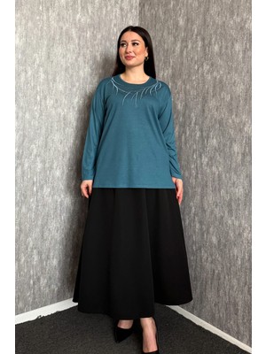 Modaplaza Kadın Büyük Beden Bisiklet Yaka Taşlı Nakışlı Uzun Kol Anne Bluzu 006