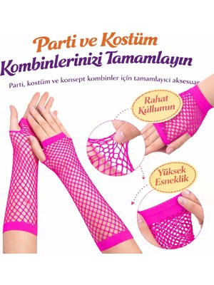 Senka Mey Ithalat® 80’ler 90’lar Retro Neon Fuşya Şeker Pembesi File Parmaksız Eldiven 26 cm