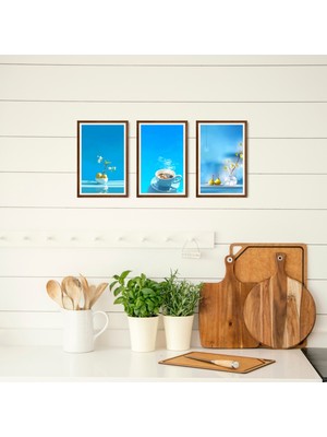 TASARIM ŞEYLER Modern Mavi - Kahve ve Meyve Temalı 3 Parça Mdf Poster Seti
