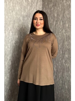 Modaplaza Kadın Büyük Beden Bisiklet Yaka Taşlı Nakışlı Uzun Kol Anne Bluzu 006