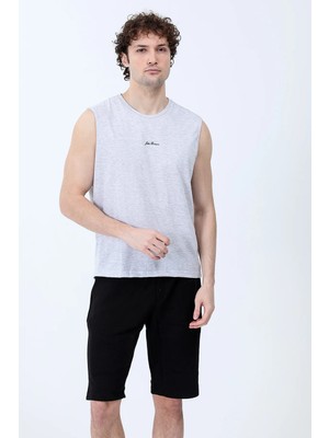 Erkek Bisiklet Yaka Baskılı %100 Pamuklu Kolsuz T-Shirt Gri - 26Y 2752
