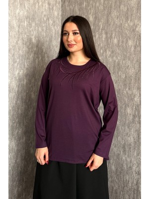 Modaplaza Kadın Büyük Beden Bisiklet Yaka Taşlı Nakışlı Uzun Kol Anne Bluzu 006