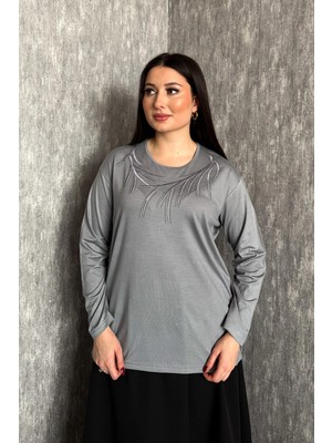 Modaplaza Kadın Büyük Beden Bisiklet Yaka Taşlı Nakışlı Uzun Kol Anne Bluzu 006