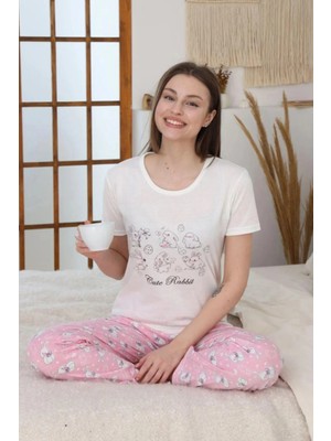 FullaModa Tavşan Baskılı Bisiklet Yaka Pijama Takımı