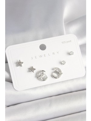 İlk El Grup Ietaks™ 925 Ayar Gümüş Çivi Zirkon Taşlı Hilal Yıldız Model Kadın Küpe Seti