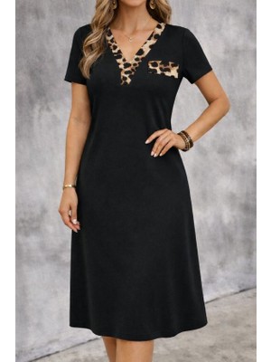 Bi Baksana Kadın Kısa Kollu V Yakalı Süs Cep Detaylı Midi Viskon Elbise