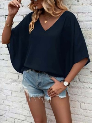 Bi Baksana Kadın Kısa Kollu V Yakalı Salaş Viskon Bluz