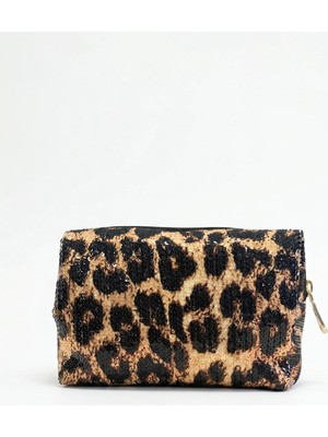FullaModa Leopar Desenli Pullu Makyaj Çantası