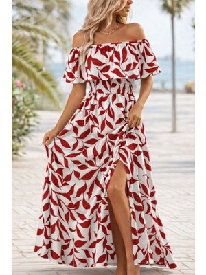 Gacha Kadın Madonna Yaka Göğüs Lastikli Yırtmaçlı Uzun Desenli Süprem Elbise