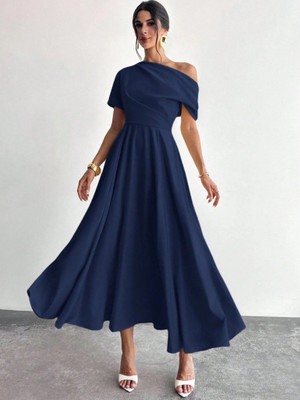 Bi Baksana Kadın Omuzdan Açık Kısa Kollu Omuzdan Pileli Uzun Janjan Krep Elbise