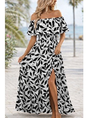 Meğdaix Kadın Madonna Yaka Göğüs Lastikli Yırtmaçlı Uzun Desenli Süprem Elbise