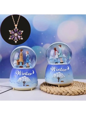 PremiumPort Işıklı Müzikli Kar Küresi ve Lotus Kolye, Orta Boy, Hediye Seti