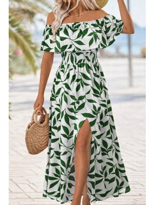 Gacha Kadın Madonna Yaka Göğüs Lastikli Yırtmaçlı Uzun Desenli Süprem Elbise