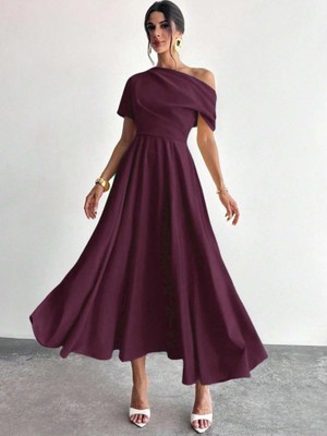 Equri Kadın Omuzdan Açık Kısa Kollu Omuzdan Pileli Uzun Janjan Krep Elbise