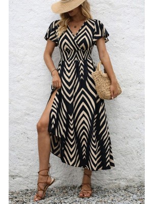 Arben Boutique Kadın Kısa Fırfır Kollu Kruvaze Yakalı Beli Lastikli Desenli Uzun Elbise