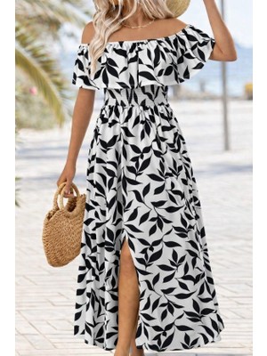 Deridün Yıldız Shoes Kadın Madonna Yaka Göğüs Lastikli Yırtmaçlı Uzun Desenli Süprem Elbise