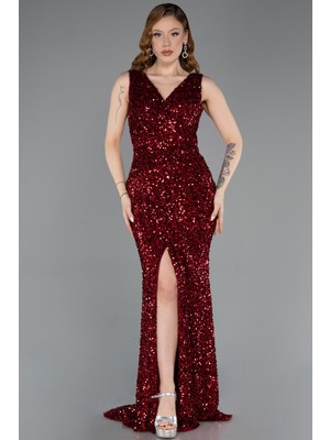 Abiyefon Kolsuz Yırtmaçlı Uzun Pullu Abiye Elbise ABU5281