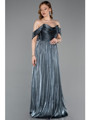 Abiyefon Kayık Yaka Ateş Pile Uzun Şifon Abiye ABU5283