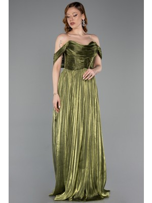 Abiyefon Kayık Yaka Ateş Pile Uzun Şifon Abiye ABU5283