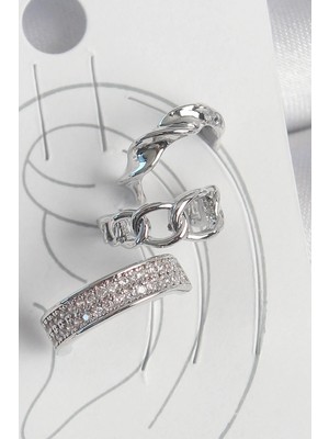 İlk El Grup Ietaks™ Pirinç Gümüş Renk Zirkon Taşlı 3'lü Zincir Sarmal Model Kadın Kıkırdak Küpe