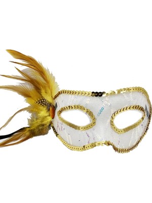 Senka Mey Ithalat® Altın Renk Yandan Tüylü Pul Payet Işlemeli Parti Maskesi 23X12 cm