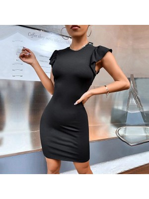 Infivento Kadın Kolsuz Omzu Volanlı Bisiklet Yaka Kaşkorse Mini Elbise